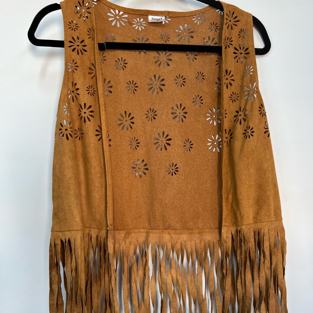Tan Fringe Vest with Floral Cutouts s/m